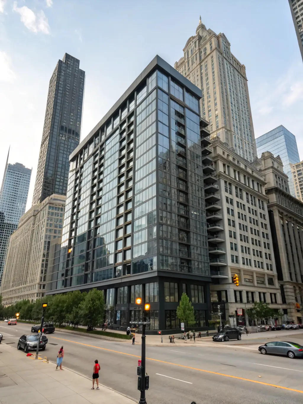 A modern apartment building in downtown Chicago, Illinois, near the Magnificent Mile, highlighting CorpHaven's convenient corporate housing options in Chicago.