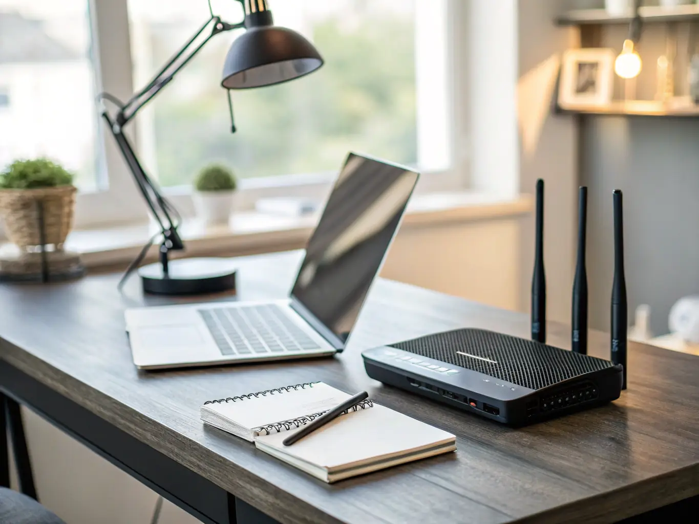 A high-speed internet setup in a CorpHaven apartment, showing a laptop on a desk with a stable Wi-Fi connection, highlighting the importance of connectivity for business travelers.