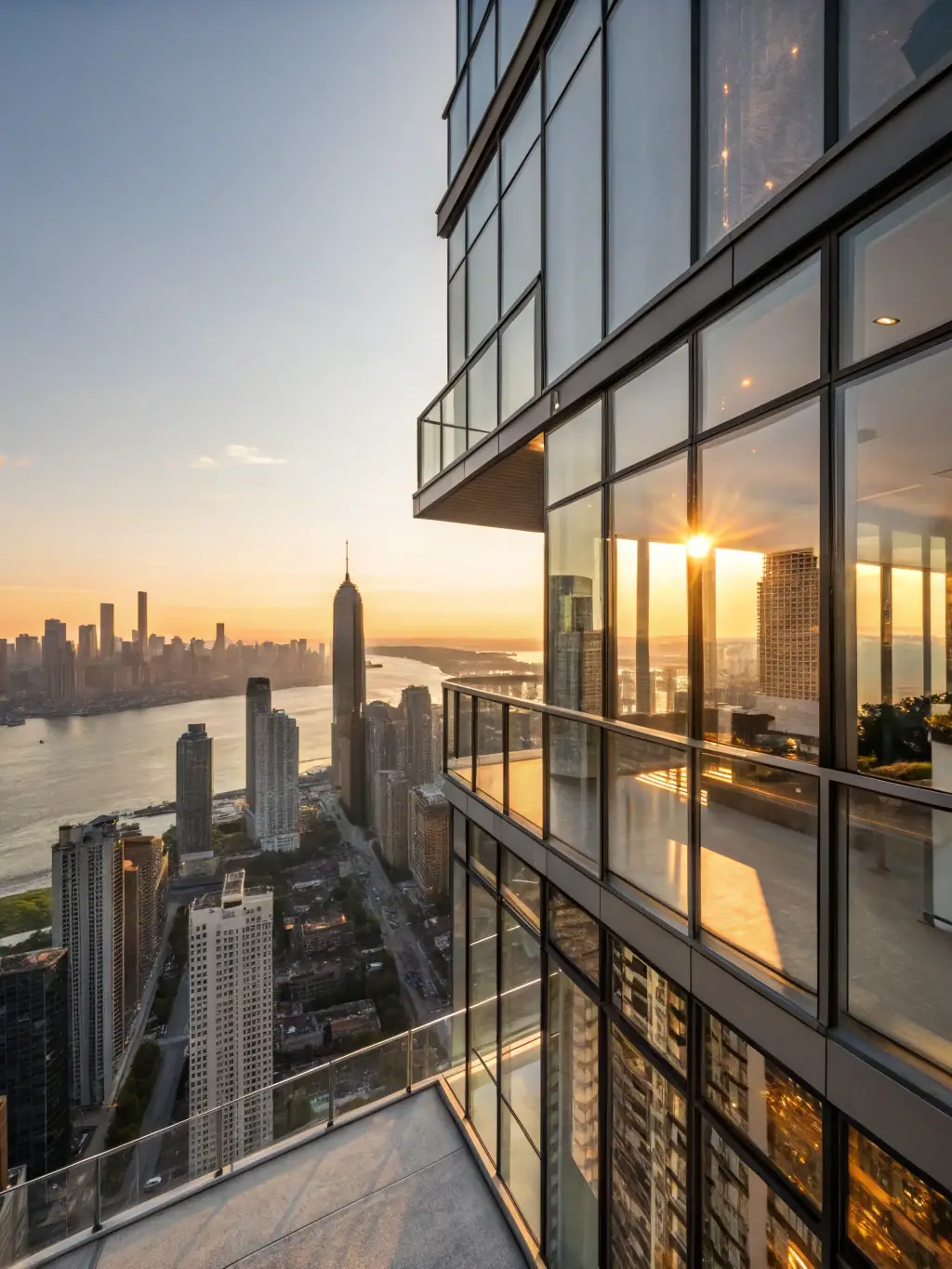 A sleek apartment building in downtown New York City, New York, with views of the skyline, representing CorpHaven's premium corporate housing options in NYC.